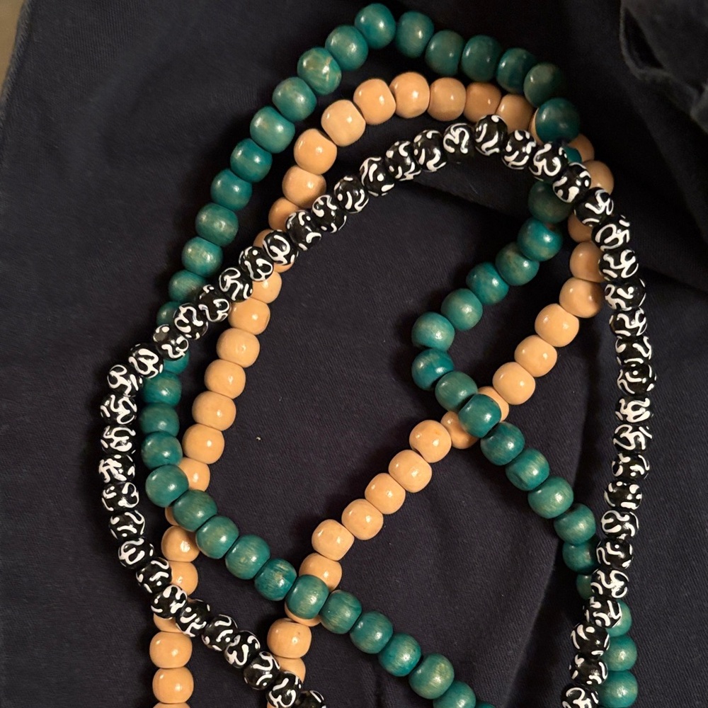 Multicolor Beaded Necklace set.Mexico made. Buddha heads & red tassels. 3 items